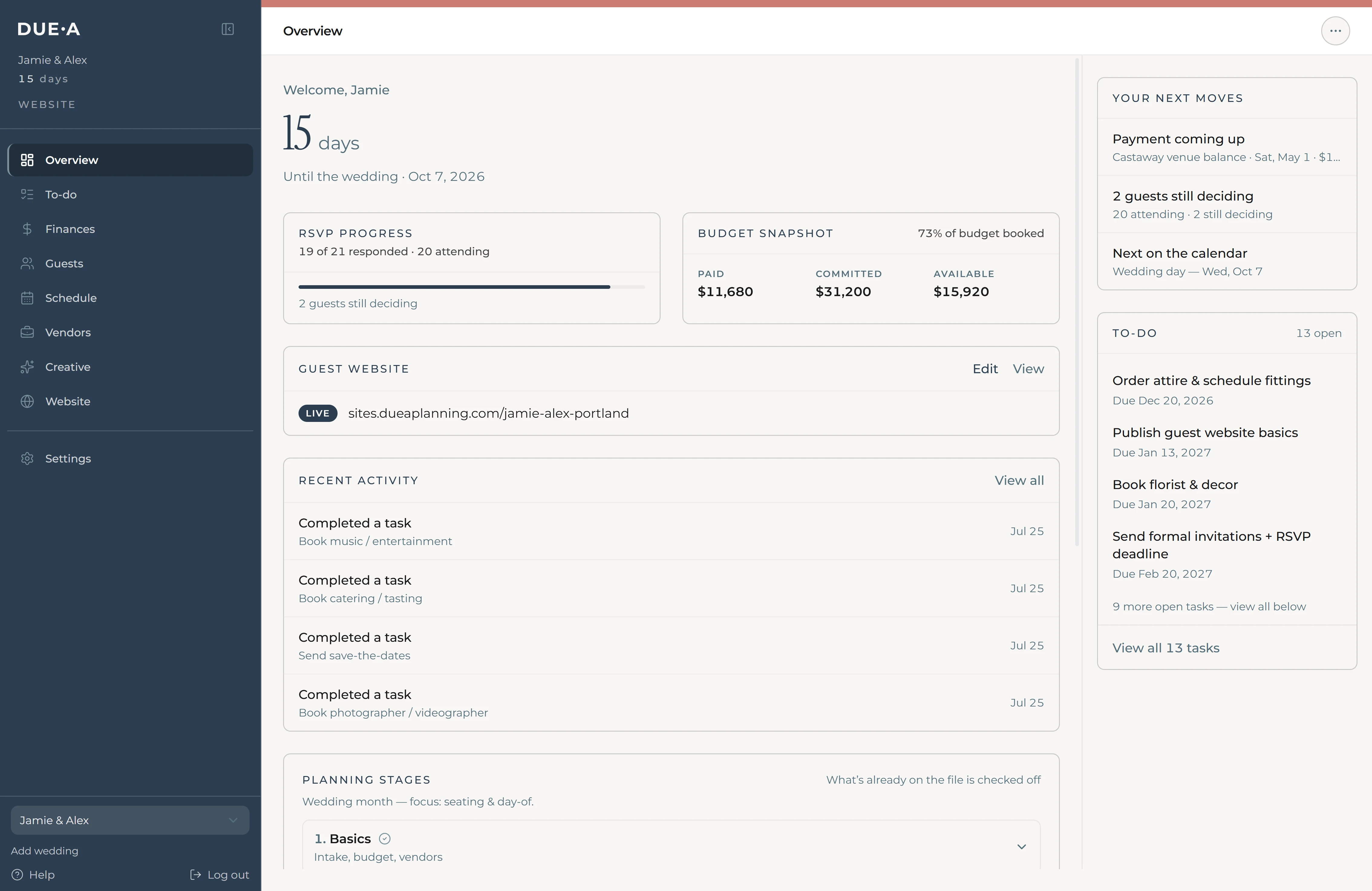 Duea wedding overview showing planning modules and wedding status