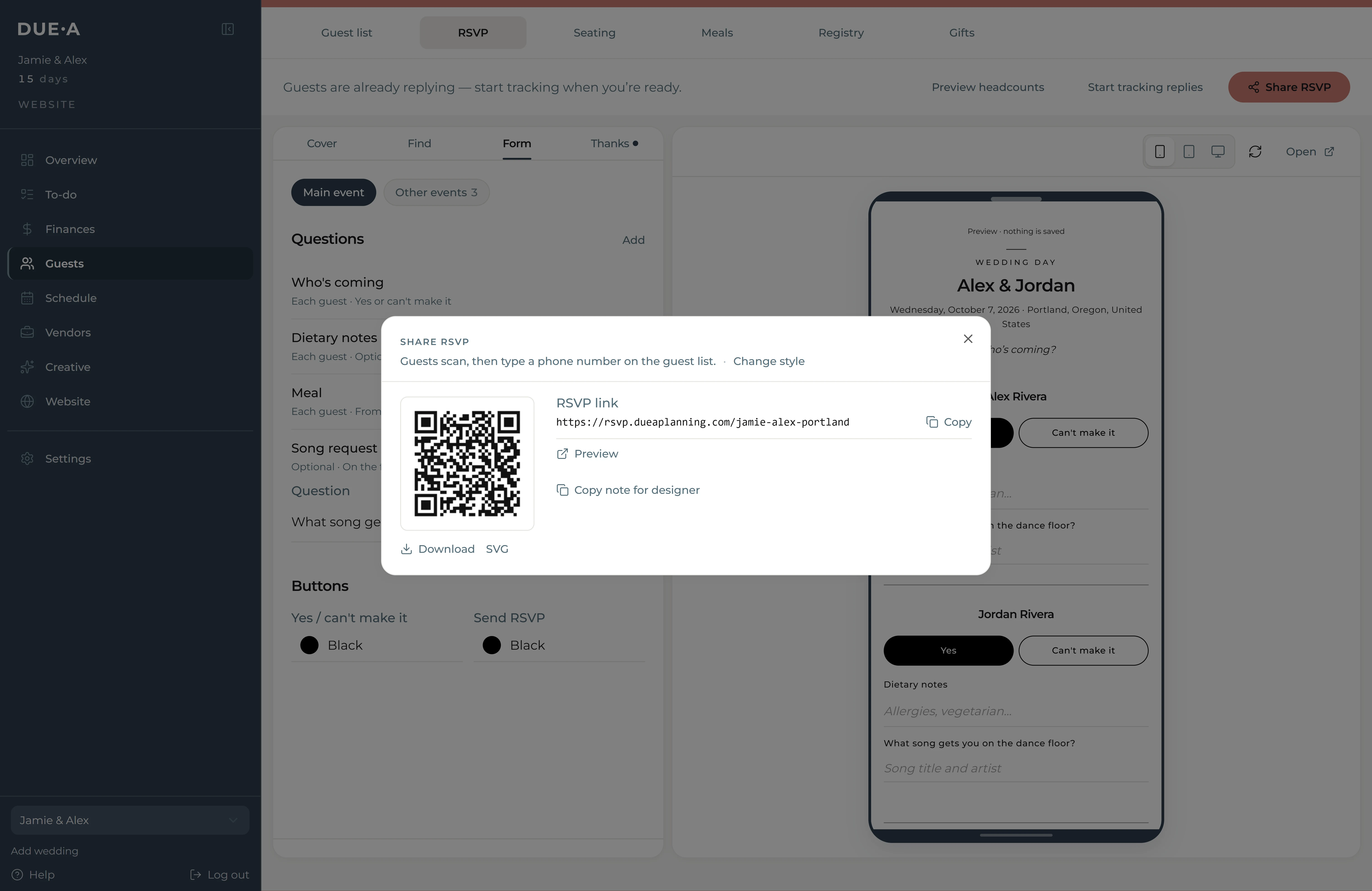 Duea RSVP QR code and share settings for wedding invitations